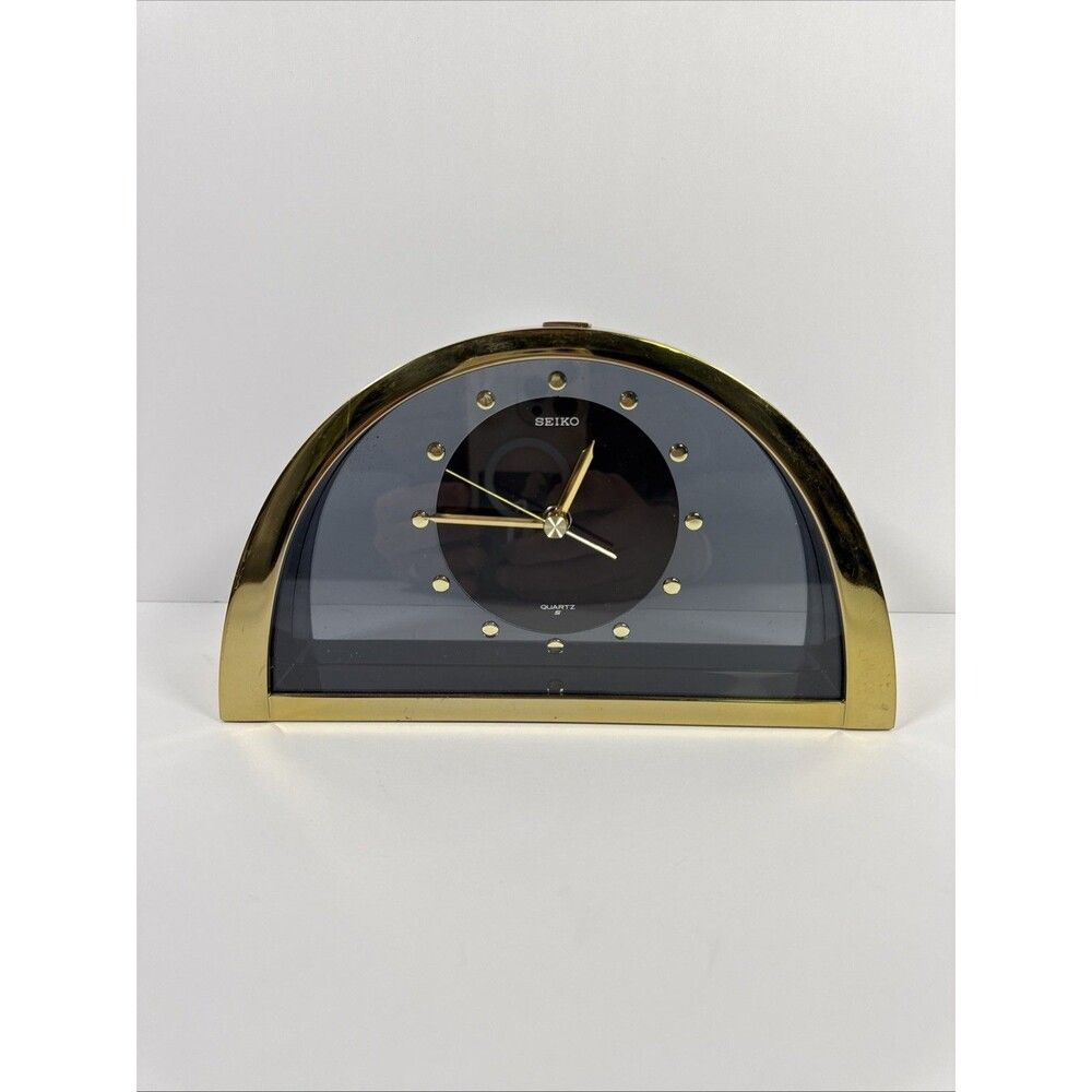 Vintage Seiko Bellcore Half Moon Quartz Clock Desk Mantle Gold Tone Black
